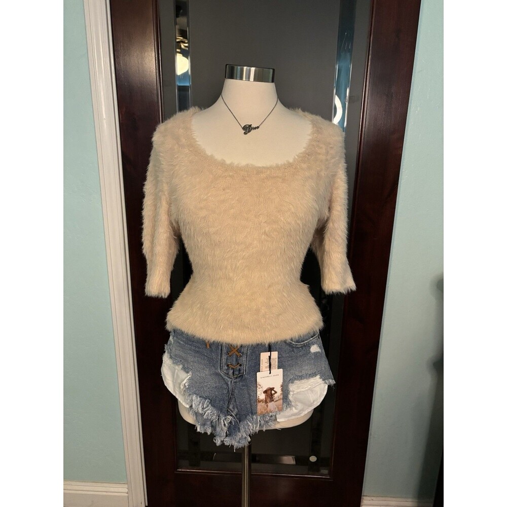 New Faux Fur Anthropologie Top Cream No SIZE Tag stretchy #141